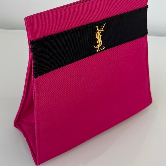 YSL Yves Saint Lauren Parfums Hot Pink Black Gold Grosgrain Clutch Authentic - Picture 4 of 12